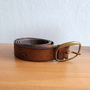 Genuine Leather Women's Belt Flower Detailing Brown Leather with Gold Hardware